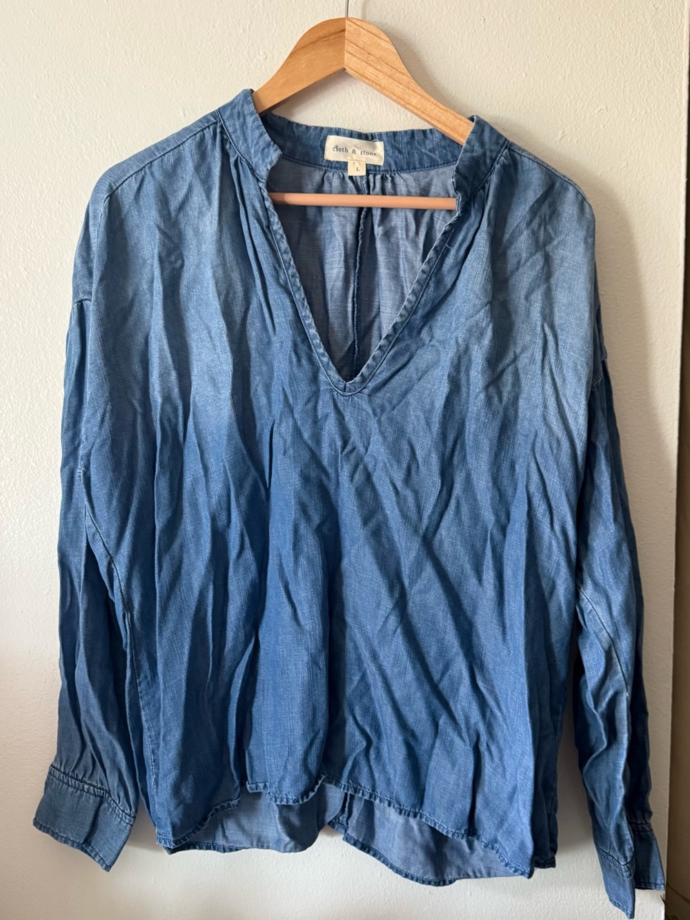 Anthropologie Blue V-Neck Chambray Blouse